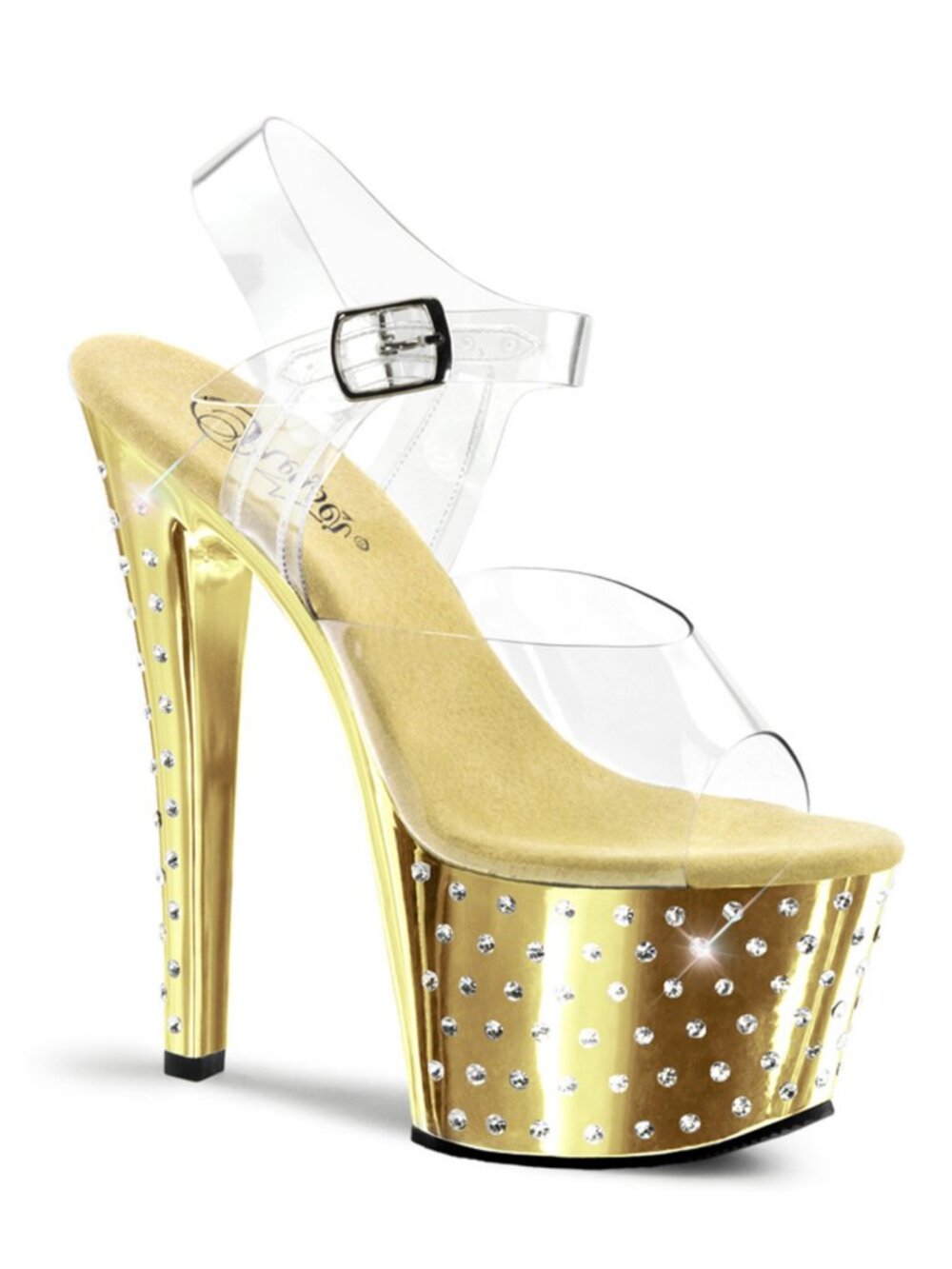 Pleaser Stardust 708 Gold Chrome Platform Heel Sandals with Ankle Strap